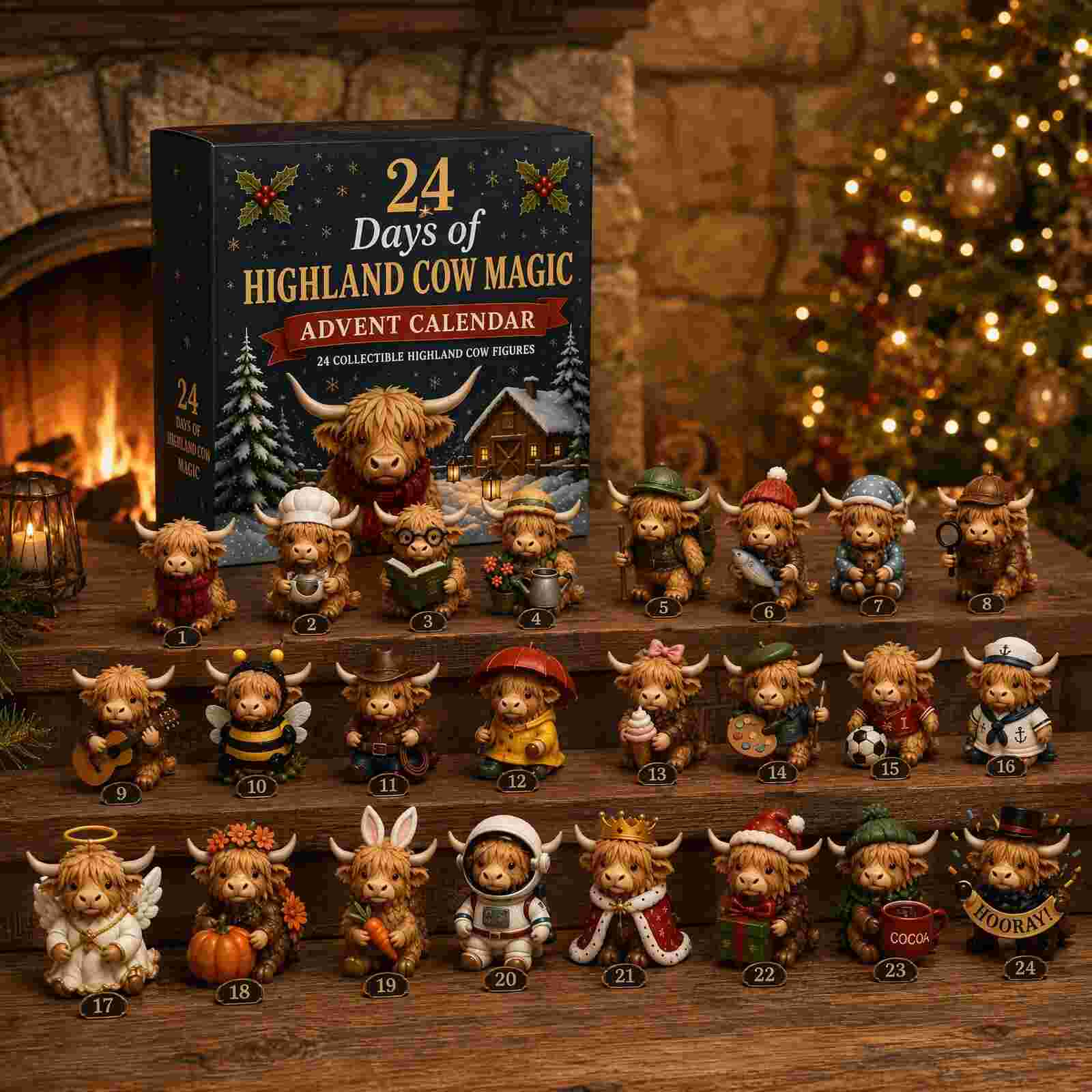 Highland Cow collectible characters displayed beside a Christmas fireplace