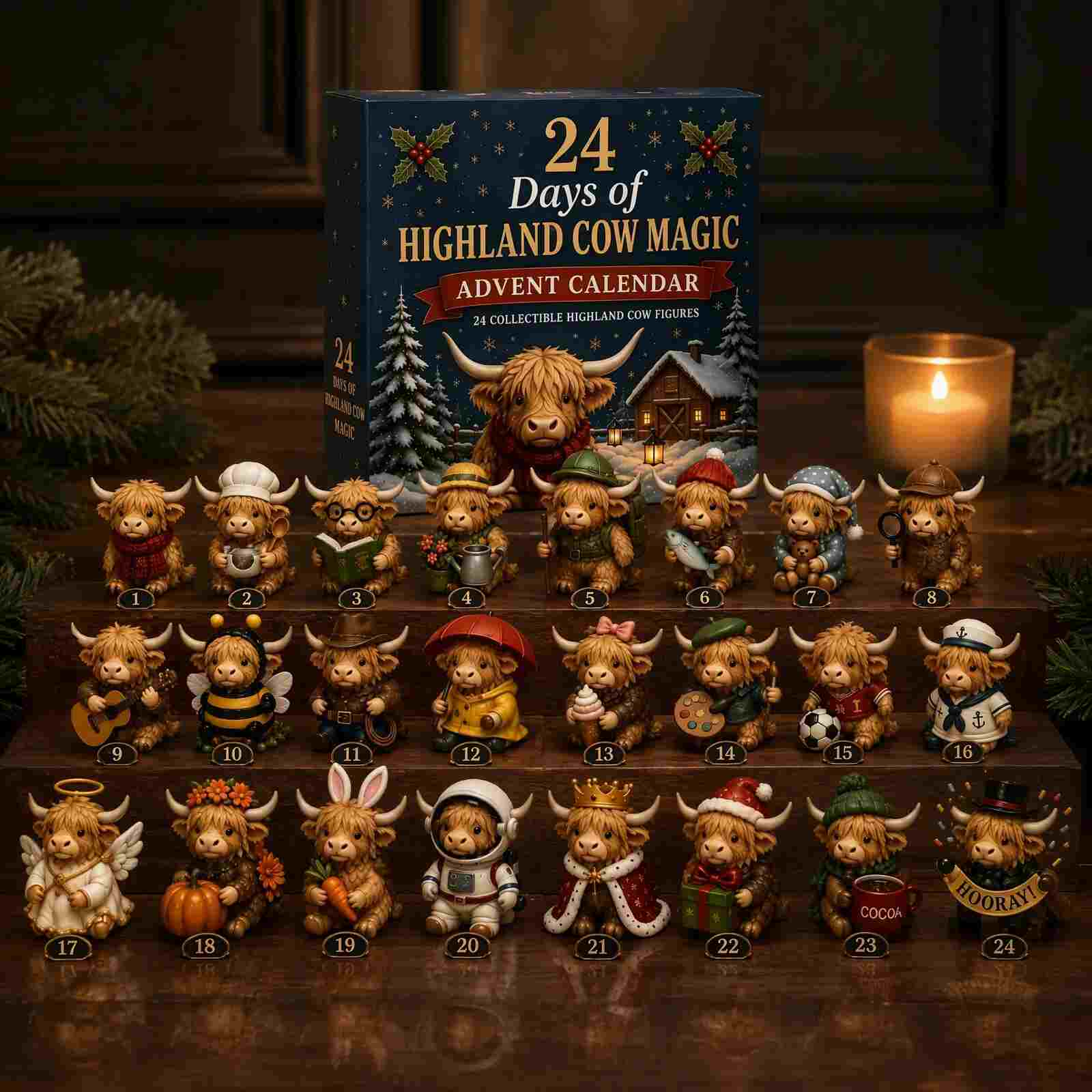 Highland Cow Christmas Advent Calendar with 24 collectible cow figurines