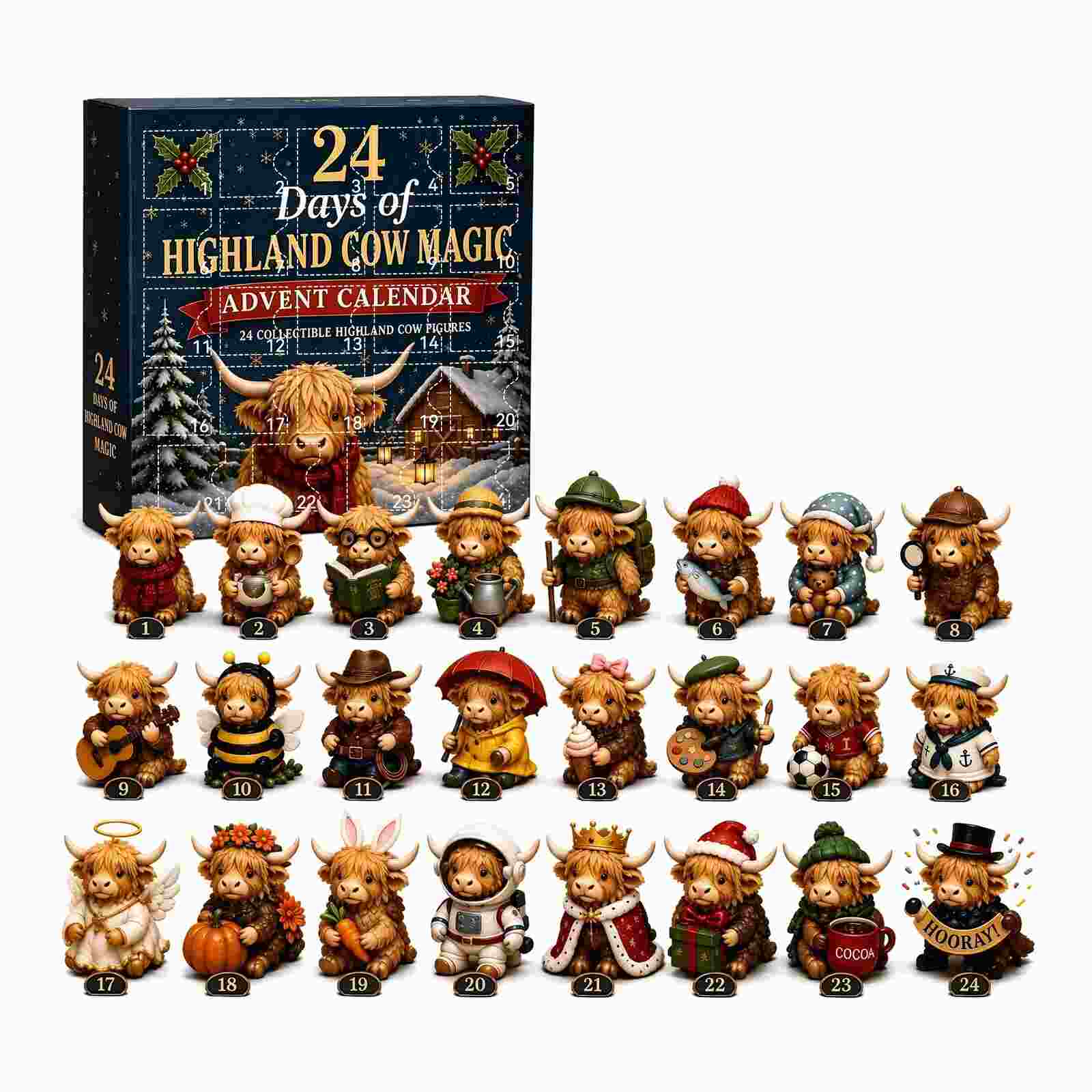 All 24 Highland Cow collectible figurines and advent calendar packaging